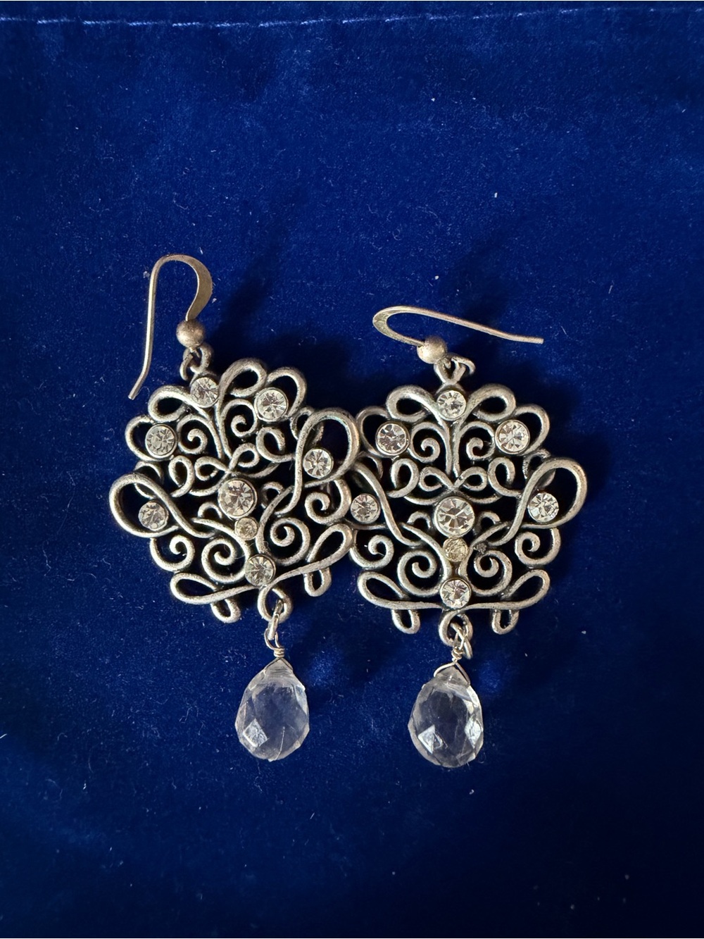 Silver Filigree Teardrop Dangle Earrings with Clear Stones - Women Jewelry